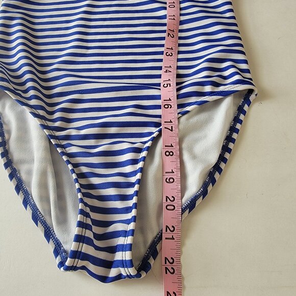 Cat & Jack Girls One Piece Swimsuit Size L 10-12 Floral Ruffle Blue White Stripe - Picture 6 of 10